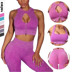 2022 New Style Sand Washed Seamless Knit Yoga a coste Set reggiseno sportivo con cerniera da donna pantaloncini da Yoga Scrunch a vita alta