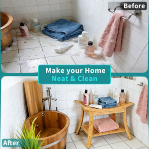 Tabouret de salle de bain en bambou banc de douche siège organisateur de bain spa en bois à 2 niveaux avec étagère de rangement en dessous - Product Image 5