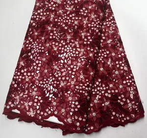 Wholesale High Quality Swiss Design Luxury Burgundy Organza with sequins African Wedding Hand Cut Double Organza lace fabric