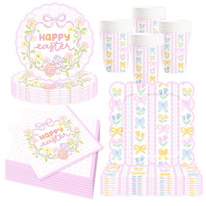 DAMAI HAPPY <b>EASTER</b> Party Supplies Pastel Bow Themed Tableware Set for Scalloped Paper Plates and <b>Cups</b> Napkins Sets - Product Image 4