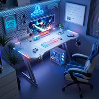 Table de jeu pour ordinateur en métal et PU, avec porte-gobelet LED RGB réglable, en forme de Z, blanche – Offre Spéciale