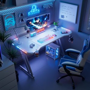 Tavolo da Gaming a Forma di Z in Metallo e PU con Portabicchieri LED RGB Regolabile, Scrivania per Computer Bianca - Product Image 4