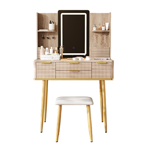 Modern 4-Drawer Solid Wood Vanity Desk with LED Mirror & Carved Details Fluted Makeup <b>Table</b> for Living Room Metal <b>Legs</b> PU Stool - Product Image 6