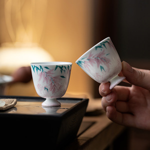Hand Painted Wisteria Flower Mini <b>Teacup</b> Porcelain High Footed Single Cup Kung Fu Tea Tasting Cup - Product Image 1