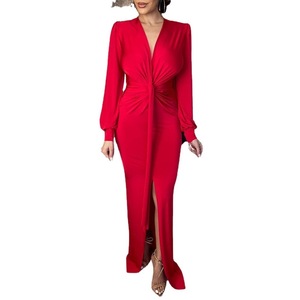 <b>Red</b> <b>Sequined</b> Off Shoulder Puff Sleeve Midi Dress With Slit Wedding Evening Gown Natural Waistline - Product Image 4