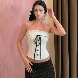 Lace <b>Patchwork</b> Contrast Color Strapless Tie Button Front Ruffle <b>Top</b> French Elegant Pure Desire Sexy Versatile Style - Product Image 3