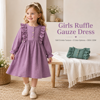 Robe en gaze de coton à volants pour filles, texture froissée, manches longues, boutons en bois, couleurs pastel lavande et vert forêt, vente en gros