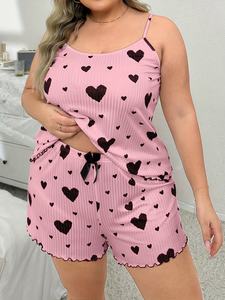 Sfy-y1360 OEM Xl-xxl-xxxl Pjs pigiama con stampa a cuore <span class=keywords><strong>per</strong></span> donne grasse pantaloncini Casual gilet a costine 2 pz <span class=keywords><strong>abbigliamento</strong></span> <span class=keywords><strong>donna</strong></span> - Product Image 3