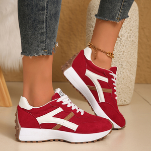 Baskets compensées rétro rouges en maille à lacets pour femmes, à bout rond et semelle épaisse, pour la marche quotidienne et les loisirs - Product Image 3