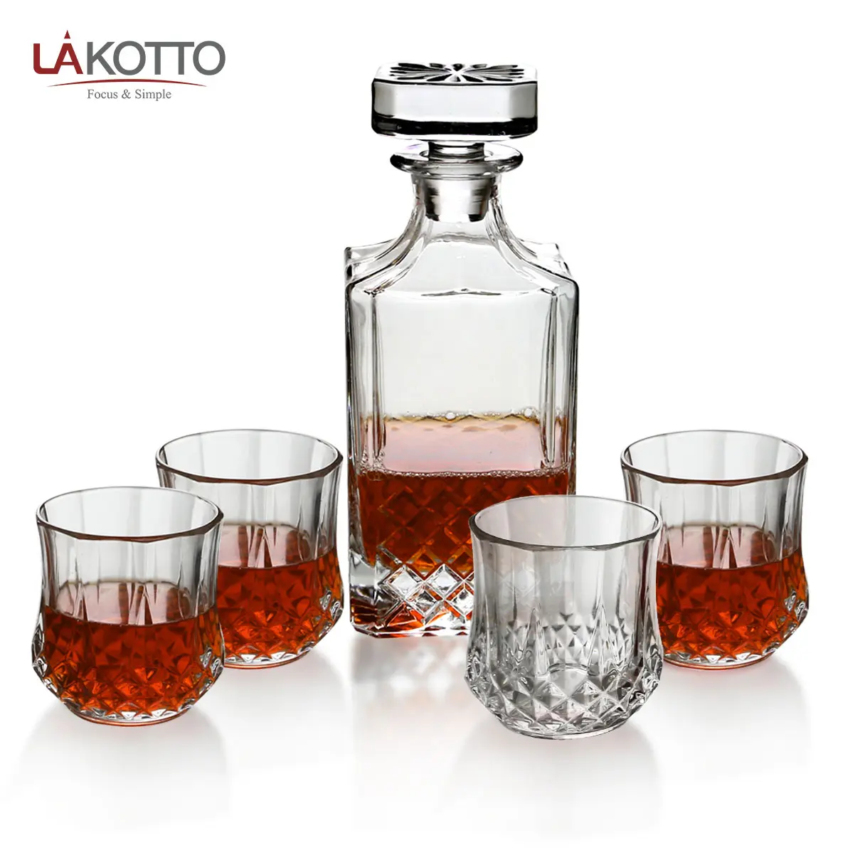 Luxury 5 pezzi Clear 750ml Glass whisky Wine Liquor Decanter con tappo e 4 bicchieri vecchio stile per Party Bar