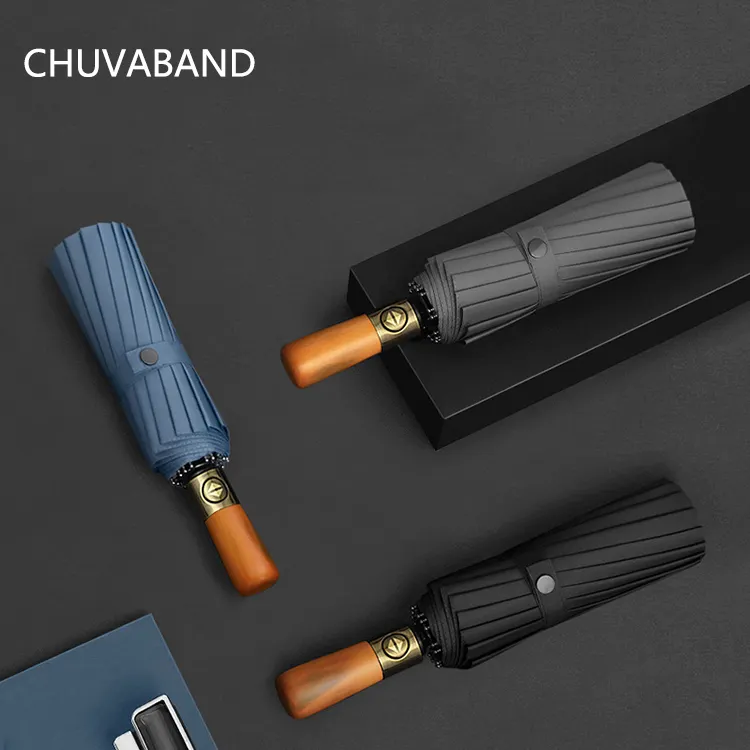 CHUVABAND-paraguas plegable de viaje con mango de madera, paraguas compacto de 23 pulgadas, 16K, alta calidad, 3 pliegues, cierre automático, a prueba de viento