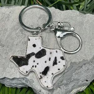 Tây Retro Bò Leopard In Ngựa Tóc Da Chính Hãng Keychain Cho Cao Bồi Túi Mặt Dây Chuyền Kết Cấu Texas Bản Đồ Vòng Chìa Khóa