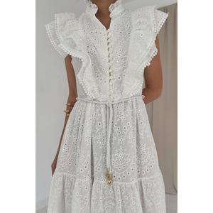 Robe blanche à volants coupe trapèze, taille naturelle, tissée respirante, pour usage quotidien décontracté - Product Image 2