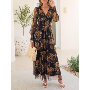 Robe longue florale pour femme, col en V, manches longues bouffantes, coupe trapèze, taille empire en tulle, élégante robe de cocktail - Product Image 2