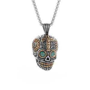 Collar con colgante de calavera de acero inoxidable con incrustaciones de ojos azules y verdes para hombres y mujeres, regalo, joyería de moda HX055 - Product Image 5