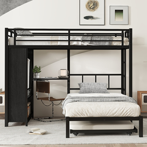 Cama Triple Metálica Industrial con Armario Integrado, Escritorio Plegable Ajustable y Escalera, Diseño que Ahorra Espacio para Dormitorio - Product Image 3