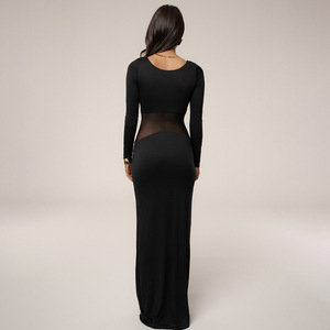 Robe de soirée couleur unie avec empiècements en maille transparente, col rond, manches longues et découpes, longueur maxi - Product Image 2