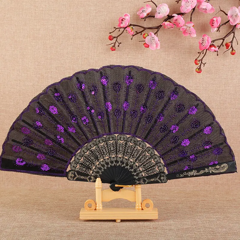 Mode Doek Pauw Patroon Pailletten + Pp Hot Stamping Plastic Bot + Kwastje Handfan Mooie Sex Kant Hand Fan Voor Bruiloft Cadeau