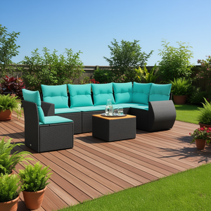 Set di divani da giardino in polyrattan nero da 7 pezzi con cuscini, mobili da esterno, posti a sedere in stile contemporaneo per 7 persone - Product Image 2