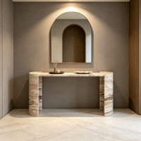 Table de console en marbre pour hall d'entrée, design accrocheur avec plinthe à extrémités courbes, en dalle entière d'onyx bannières, pour la décoration de hall d'hôtel, collection Dream Home