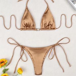 2023 Tùy Chỉnh Màu Rắn Vàng Kim Loại Bikini Tam Giác Satin Bikini Sexy Thong 2 Mảnh Với Ngọc Trai Đồ Bơi Bên Tie Áo Tắm - Product Image 4