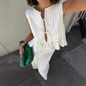Conjunto Feminino de Verão 2026: Cardigã Sólido com Amarração, Colete Casual Sem Mangas e Saia de Cintura Alta (Duas Peças) - Product Image 4