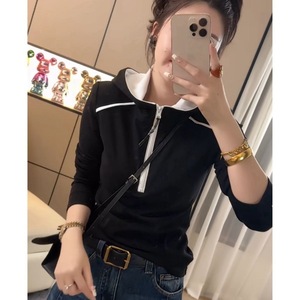 Hooded T-Shirt Color Blocking Half Zip Long Sleeve Top Women Autumn Winter Sweater Knitted Sweatshirt Brown Black - Product Image 2