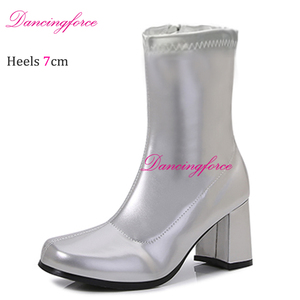 Dames Retro <span class=keywords><strong>Vintage</strong></span> hoge hakken enkellaarzen jaren 60 70 <span class=keywords><strong>fetish</strong></span> vierkante teen dansschoenen lichtgewicht rits sluiting winter Gogo laarzen - Product Image 2