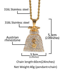 Collier Hip Hop pour Homme en Acier Inoxydable 316L Personnalisé avec Pendentif Sac d'Argent, Strass et Diamant Numérique, Étanche - Prix de Gros - Product Image 3