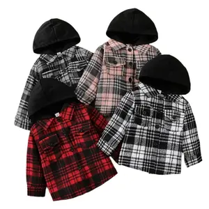 قمصان للأطفال للربيع والخريف بغطاء للرأس مربعات طويلة الأكمام للأولاد والبنات معطف جيب بطيتي صدر متباعدتين ملابس علوية للأطفال