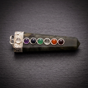 Labrodrite Chakra Pendulum with Seven Gemstone Inlays Handmade Carved <b>Etched</b> Reiki Healing <b>Tool</b> From Gujarat - Product Image 3
