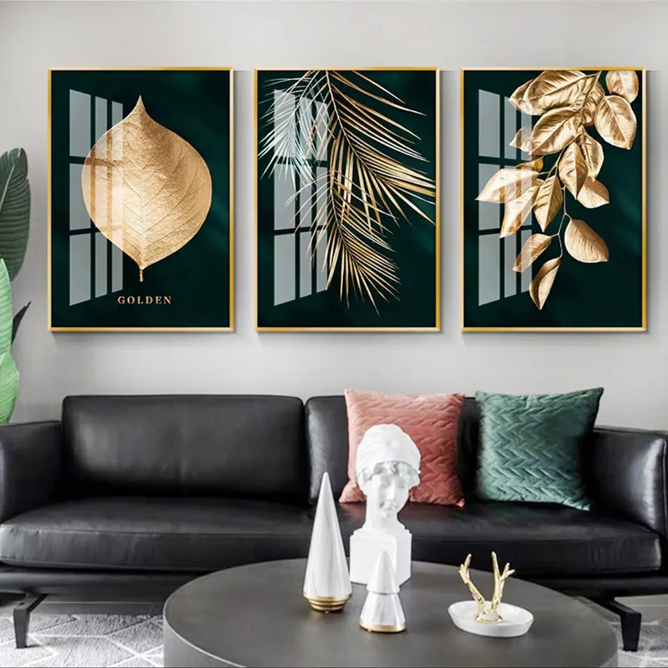 Living Room Decor Abstract Golden Plant Picture Wall Poster Modern Style Canvas Print leaf golden plants wall art painting