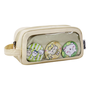 Nylon Pencil Case With Three <b>Cute</b> Character Buttons Transparent Front Pocket <b>Stationery</b> Bag - Product Image 2