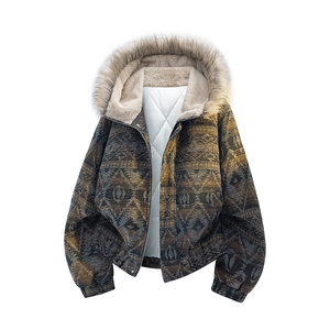 Giacca Invernale da <span class=keywords><strong>Uomo</strong></span> <span class=keywords><strong>con</strong></span> Cappuccio, Stile Etnico Vintage, Colori Contrastanti, Lavorazione a Maglia, Spessa e Calda, <span class=keywords><strong>con</strong></span> Bordo in <span class=keywords><strong>Pelliccia</strong></span>, Chiusura a Cerniera, Antivento - Product Image 3