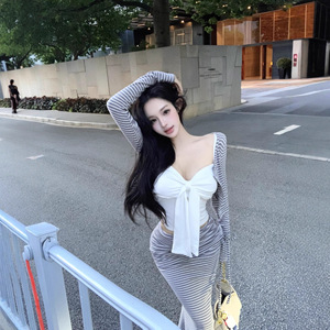 Hong Kong Style Autumn New Arrival Striped Three Piece Set Button Down Cardigan Short Ribbon Top High Waisted Tie Up Skirt - Product Image 3