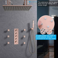 Ensemble de douche thermostatique moderne 16 pouces en laiton brossé, finition or rose, avec mitigeur encastré, jets de pluie et d'air, jets de massage doux et modes de jet pause
