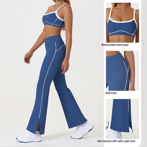Ensemble de yoga sportif 2 pièces pour femmes, soutien-gorge contrasté et pantalon évasé, respirant, en élasthanne/nylon - Product Image 3