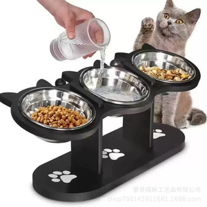 Pet Bowl Rack With Three Stainless Steel Bowls Elevated <b>Feeder</b> For <b>Cat</b> Black Color - Product Image 4