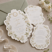 Pack d'invitations de mariage découpées sur mesure, avec cartes RSVP et de détails assorties, ornées d'art floral doré pour la cérémonie de mariage