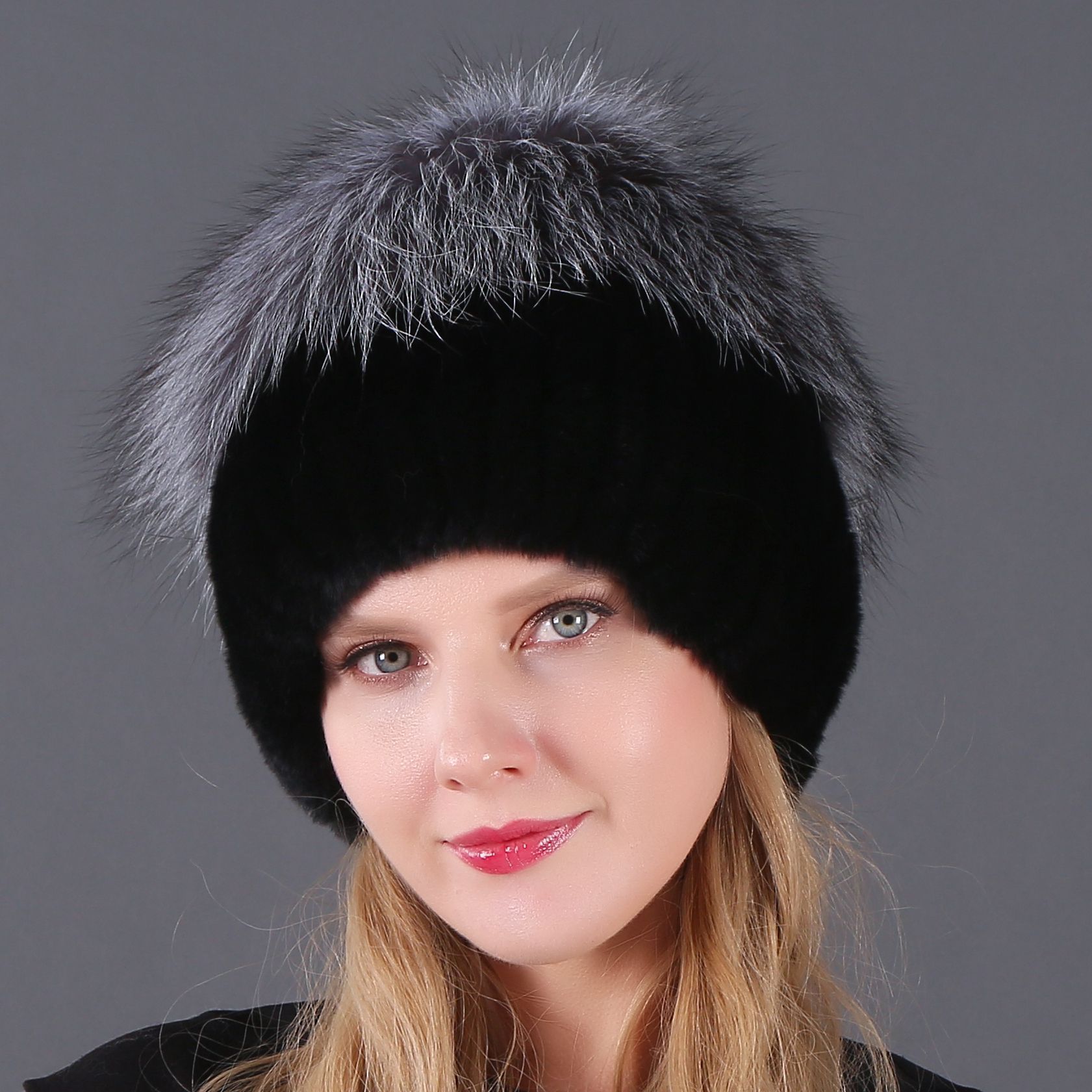 EXCELLENT CHINESE MINK FUR & BLACK KNITTED HAT CAP WOMEN WOMAN SIZE 21\