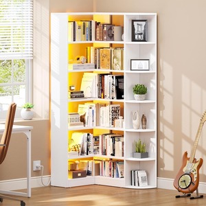 Hot Selling 6 Tier Black Mdf Hoek Boekenplank Led Licht Moderne L-Vormige Opslag Display Plank Voor Home Office Houten Paneel Stijl