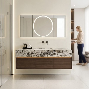 <span class=keywords><strong>Meuble</strong></span>-lavabo mural flottant en bois cannelé de style scandinave moderne avec dessus en marbre et lavabo vasque doré pour hôtel YG21 - Product Image 4