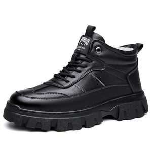 Bottes de neige d'hiver pour hommes, chaussures en cuir chaudes à semelle épaisse doublées de polaire noires pour l'extérieur - Product Image 5