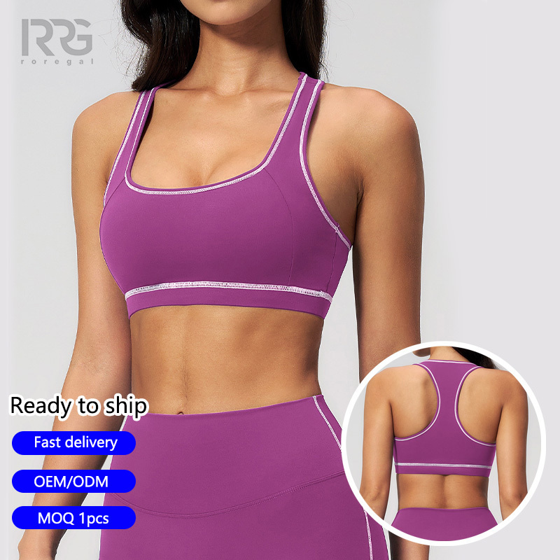 Roregal Color Blocking Brushed I-Shaped Back Sports Vest Outdoor Sports Running Yoga Bra Top