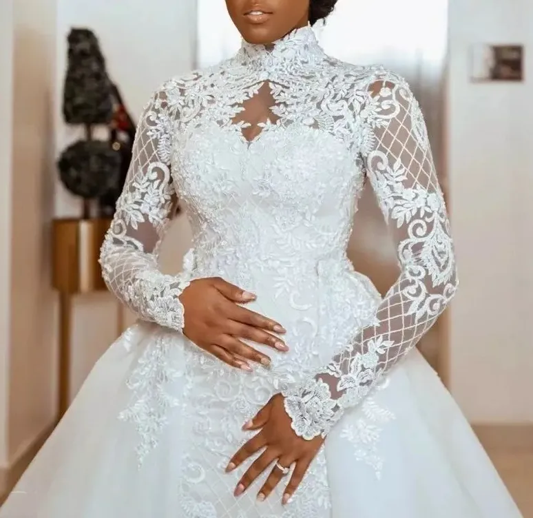 Custom Made Plus Size High Neck Long Sleeve Mermaid Lace Bridal Wedding Dresses With Removable Train