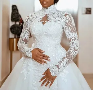 Custom Made Plus Size High Neck Long Sleeve Mermaid Lace Bridal Wedding Dresses With Removable Train