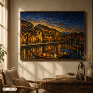 Peinture à l'huile artisanale vietnamienne Hoi An, paysage nocturne, Festival des lanternes, art mural sur toile, service OEM ODM, modèle Q239-18 - Product Image 4