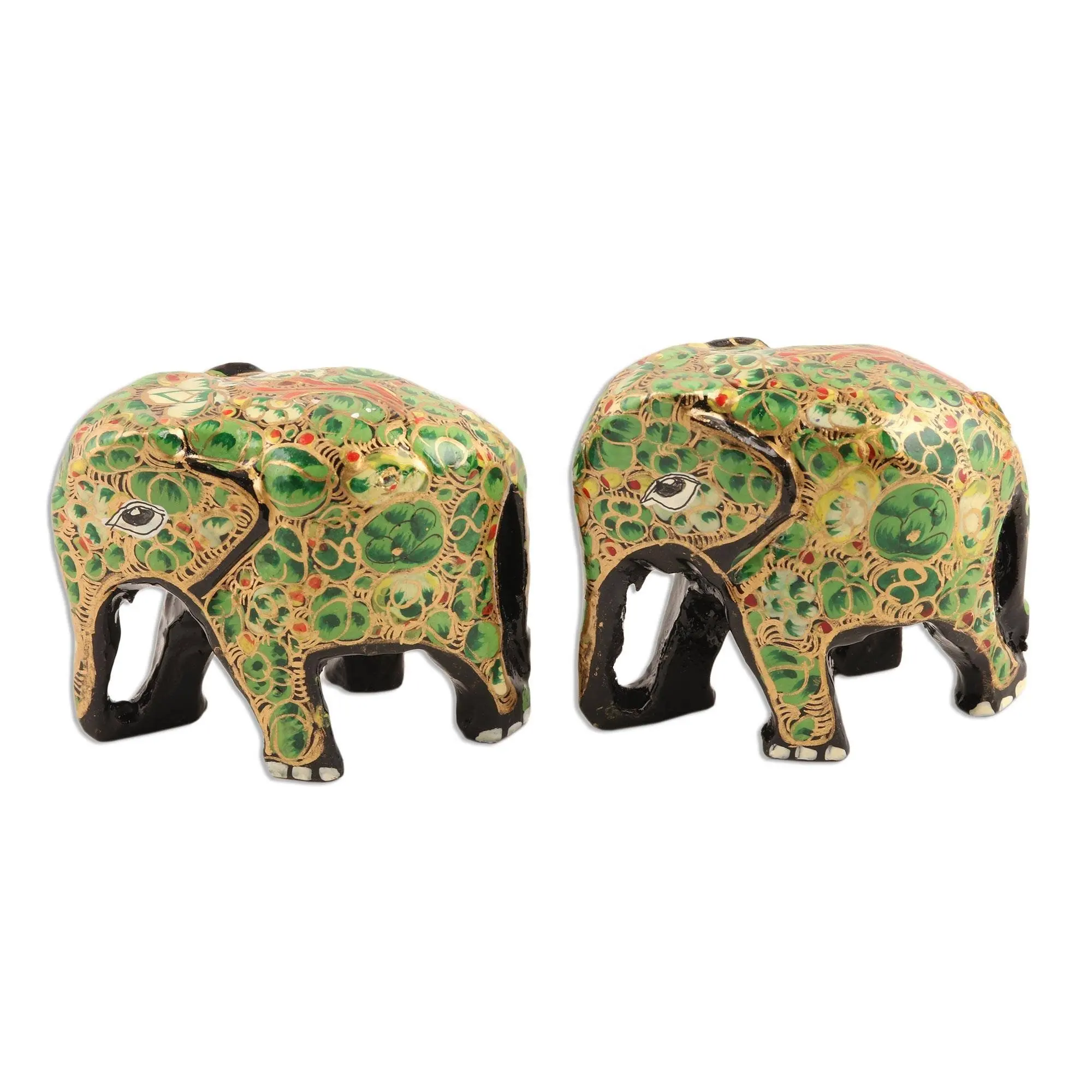 Miniature elephant ornaments hand painted wooden elephant statues from Kashmir India