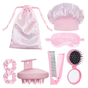 Pink Hair Care Set <b>With</b> Eye Mask Hair Cap Scrunchies Comb Brush Mirror <b>Shampoo</b> Brush For Women Beauty Routine - Product Image 1