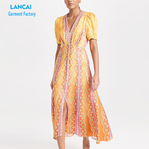 OEM personnalisé Dubai Abaya moyen-orient robes musulmanes islamiques pour femmes imprimé floral col en V à manches courtes robe Boho - Product Image 2